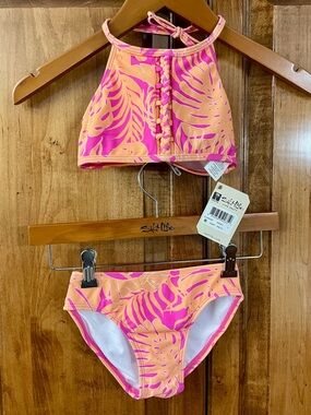 Salt Life Youth Girls Pink & Peach Tropical Braided Halter Bikini Set